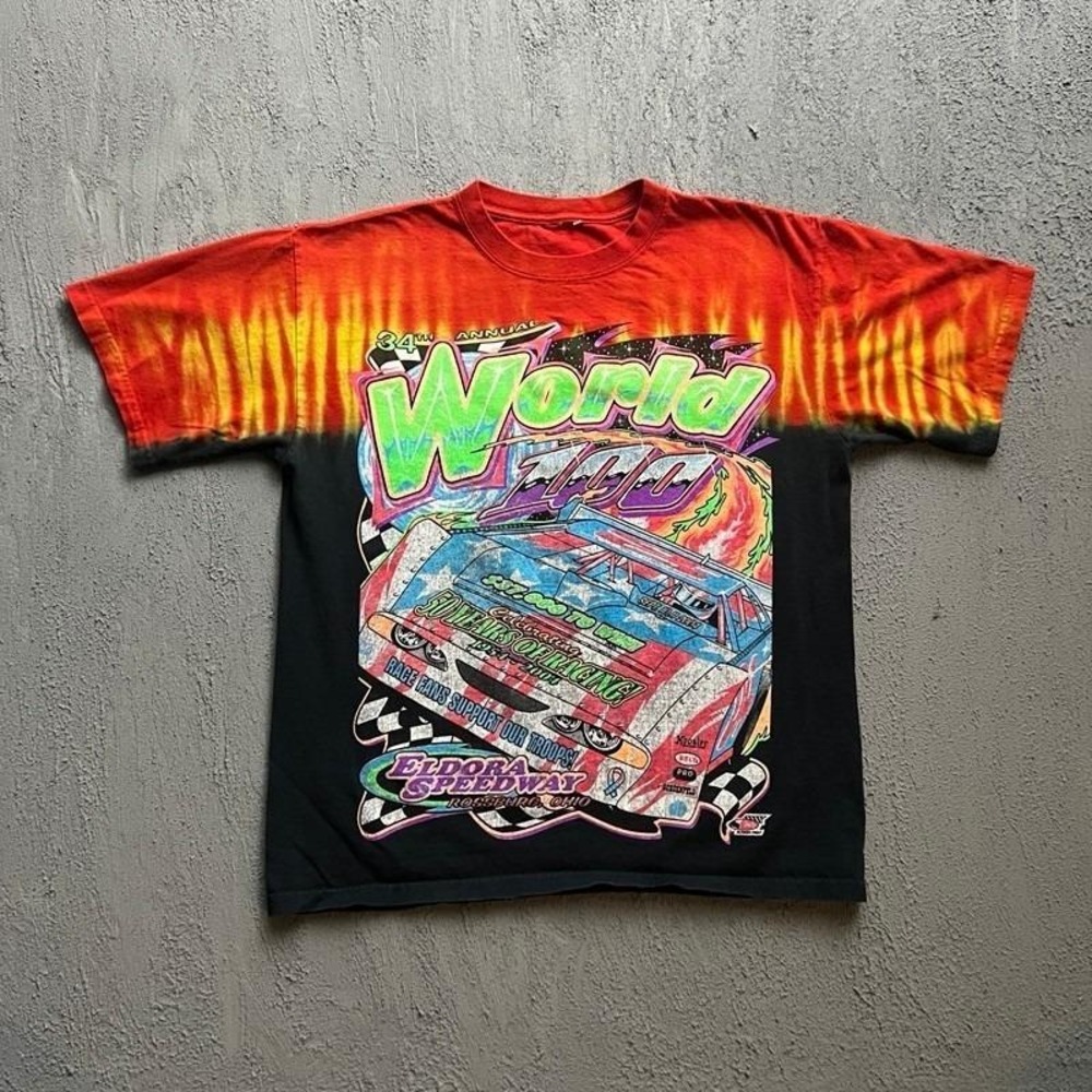 Vintage World 100 Dirt Racing Shirt Mens Medium 1990s Tie Dye